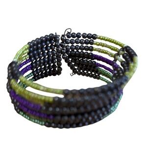 Boho Multi Strand Seed Bead Cuff Bracelet Purple Lime Green Bronze 910